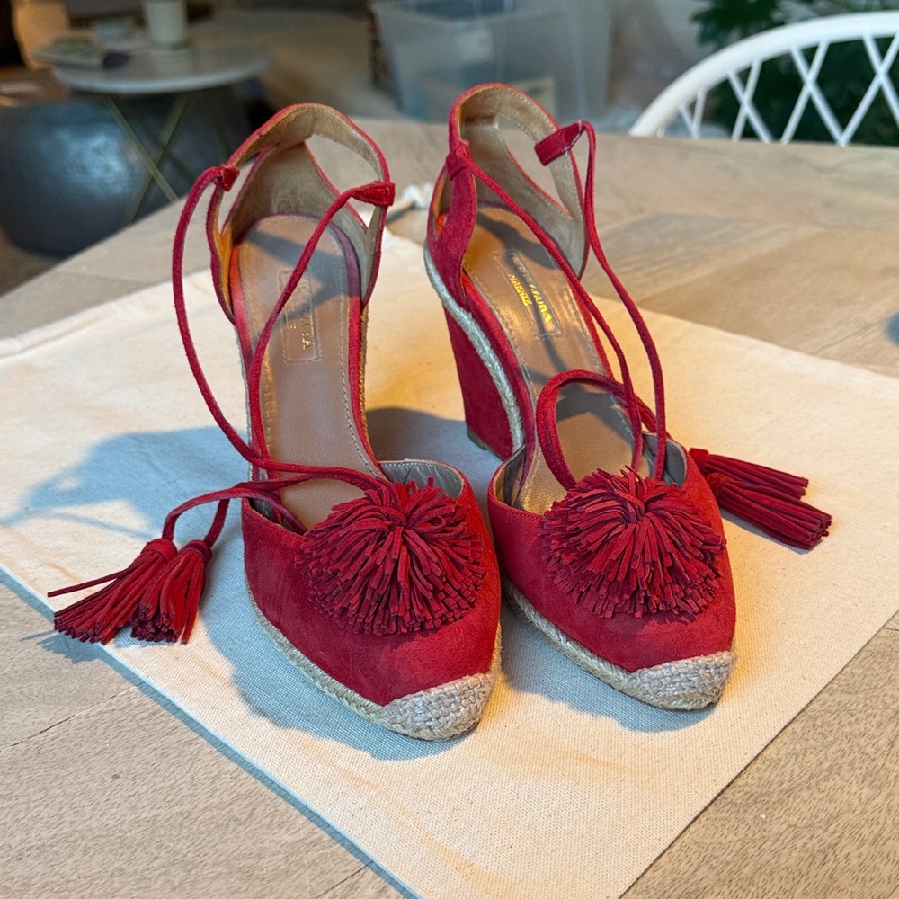 AQUAZZURA Sunshine Pompom Red Suede Wedge Sandal Espadrille US 7/7.5 / EU 37.5 - Picture 4 of 10
